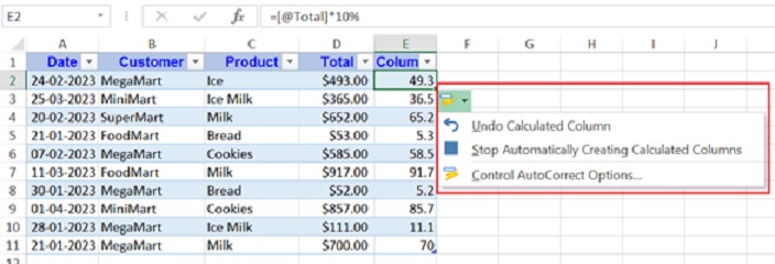 AutoCorrection Options in excel table