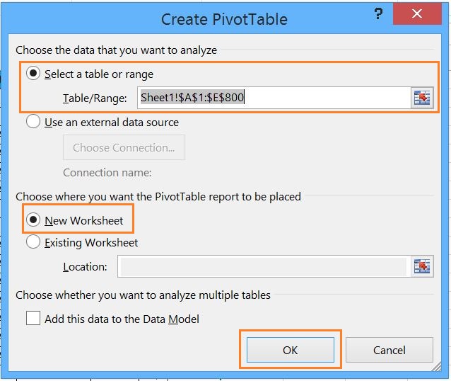 Create pivot table dialog box