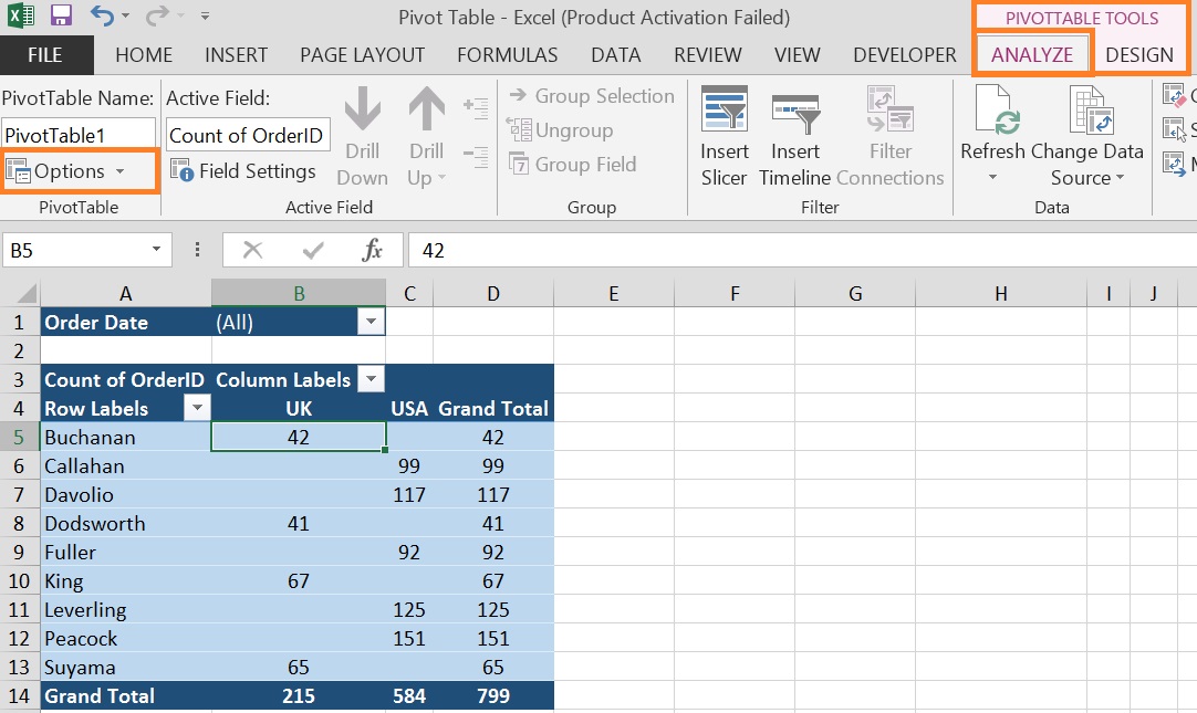 Hide filter option in pivot table
