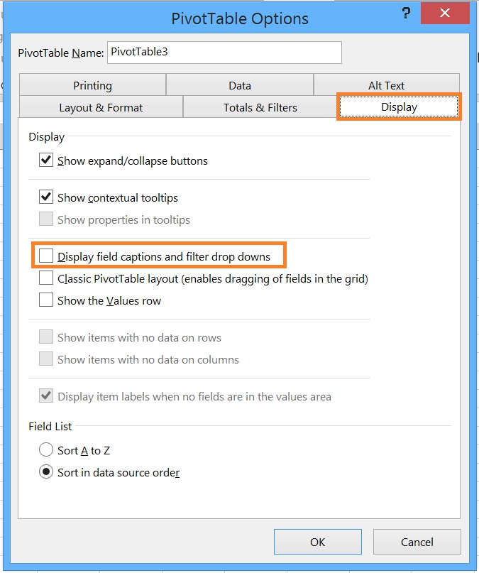 Hide or show filter in pivot table dialog box