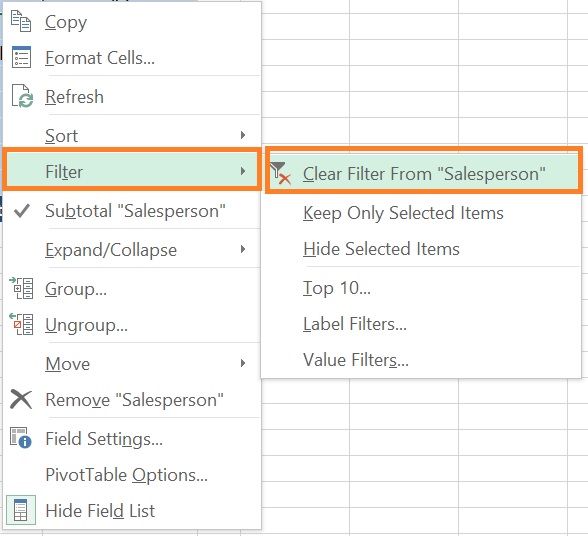 Clear Filter in pivot table by right click