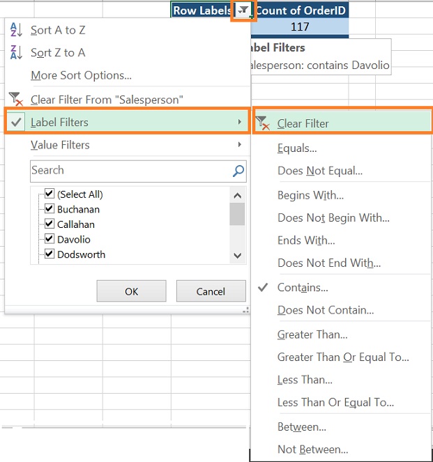 Clear Filter in pivot table from Label Filters
