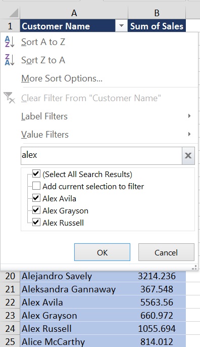 Filter Data Using Search Box in pivot table