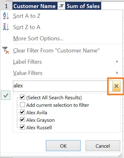 Clear or Modify the Search Box filter in pivot table