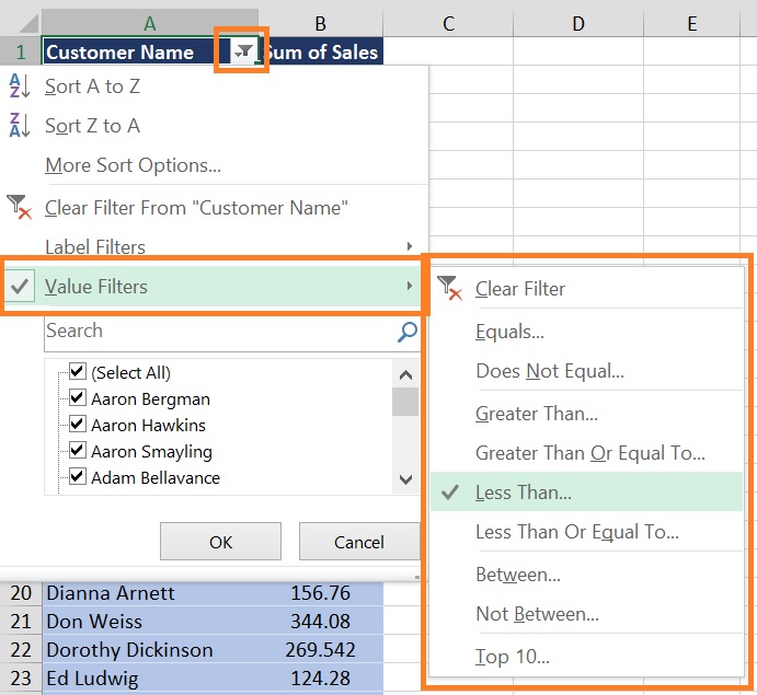 Filter Items based on value in pivot table