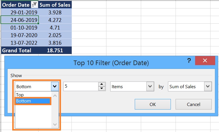 Filter a Pivot Table for Bottom 10 Items