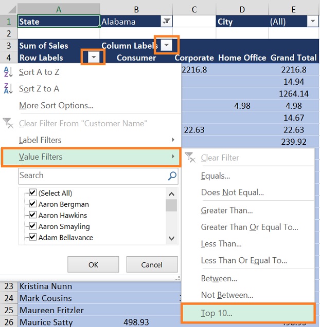 Top 10 Filter in pivot table in excel