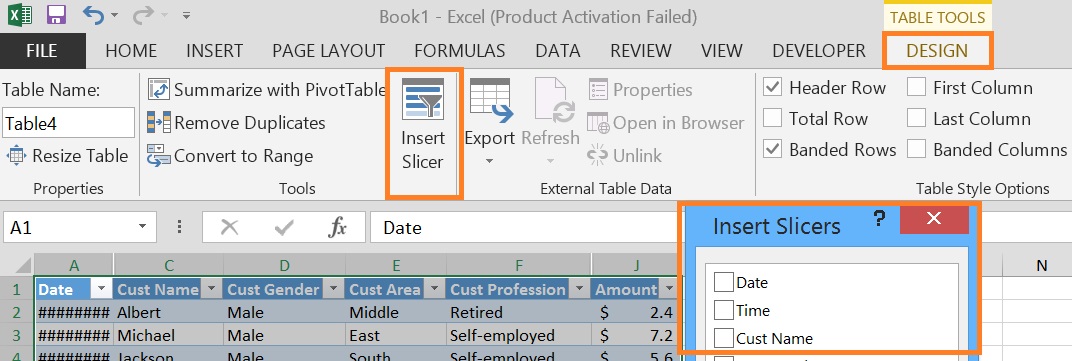 Create a slicer on Excel Table from Design menu