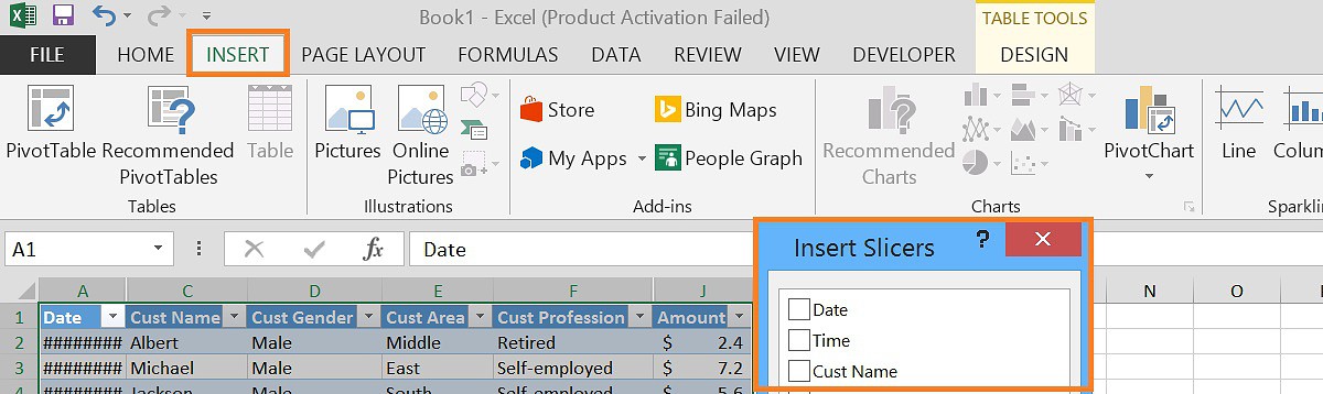 Create a slicer on Excel Table from Insert menu