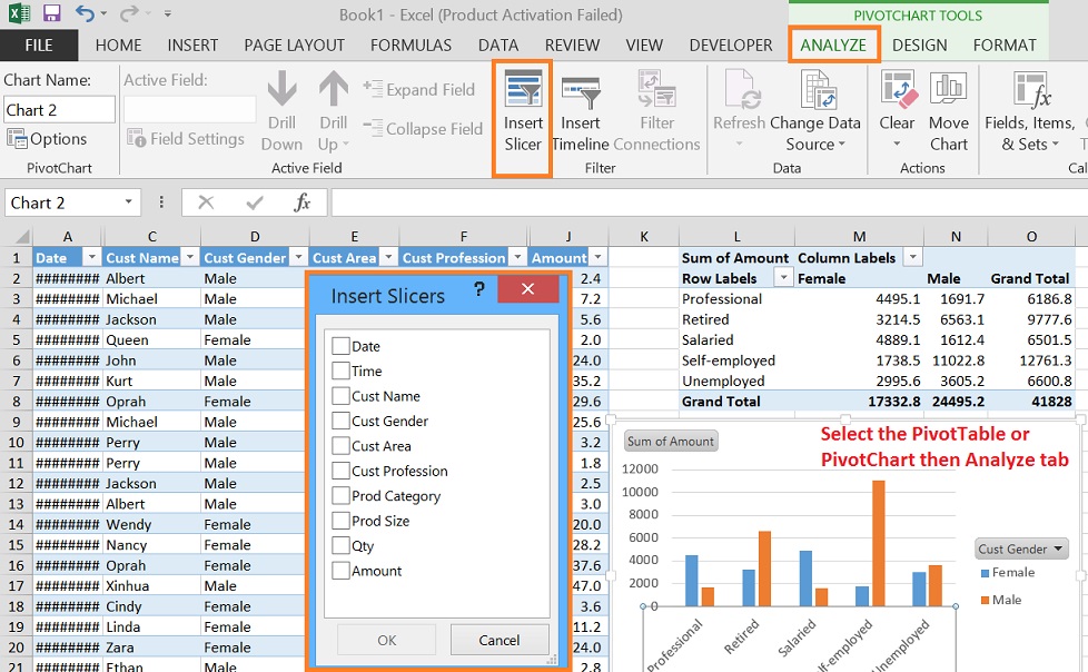 Create a slicer on Pivot Table or Pivot Chat from Analyze