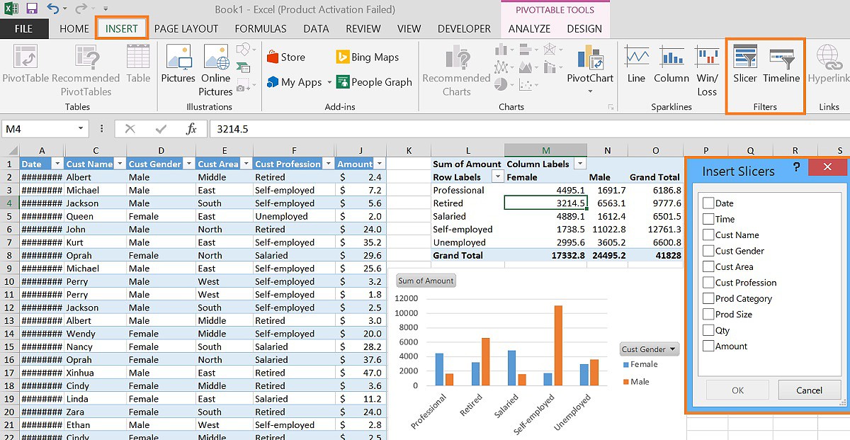 Create a slicer on Pivot Table or Pivot Chat from Insert menu