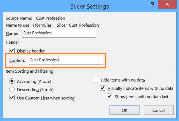Slicer setting for Caption or Header Name