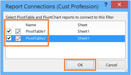 Report Connections Dialog box in excel